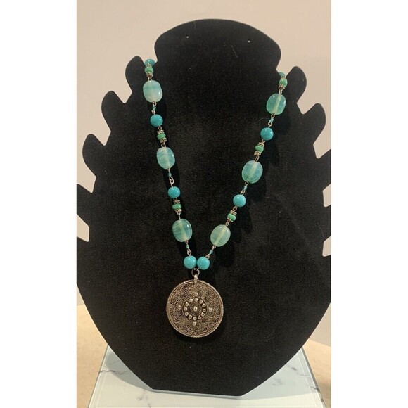 New York & Company Boho Southwestern Turquoise And Medallion Statement Necklace - Picture 2 of 5